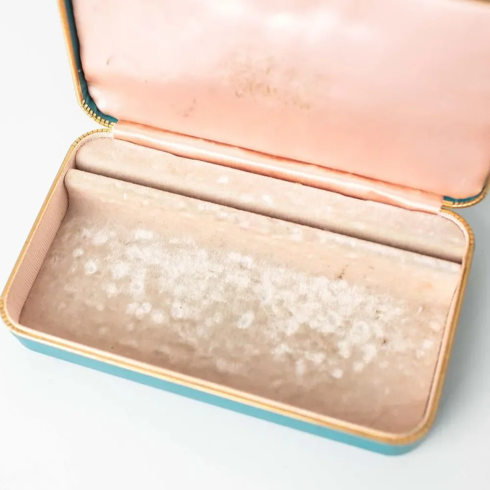 Vintage Farrington Jewelry Box Turquoise Blue Gold Trim Pink Satin Velvet Case